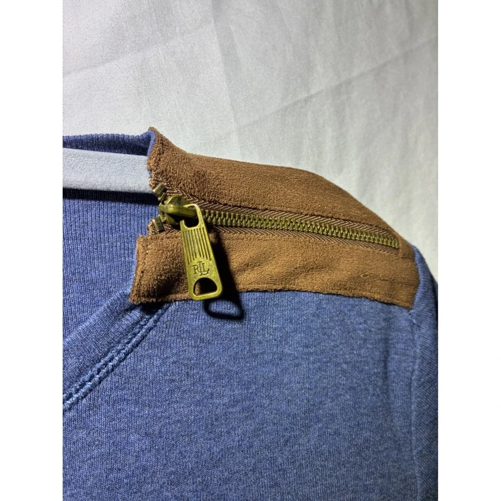 Lauren Ralph Lauren Blue Long Sleeve Top Faux Suede Elbow Patch Zipper L